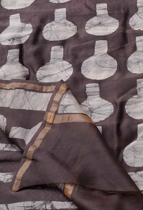 Online Shopping for Grey Pure Fusion Batik Chanderi Sico Saree with Fancy/Ethnic Prints from Rajasthan at Unnatisilks.com India
