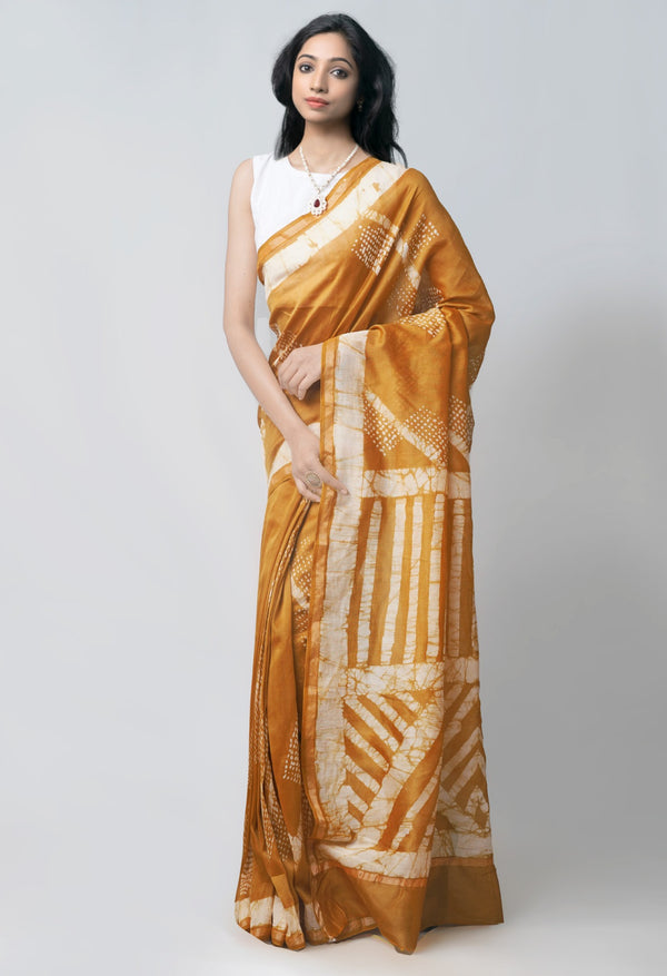 Online Shopping for Yellow Pure Fusion Batik Chanderi Sico Saree with Fancy/Ethnic Prints from Rajasthan at Unnatisilks.com India
