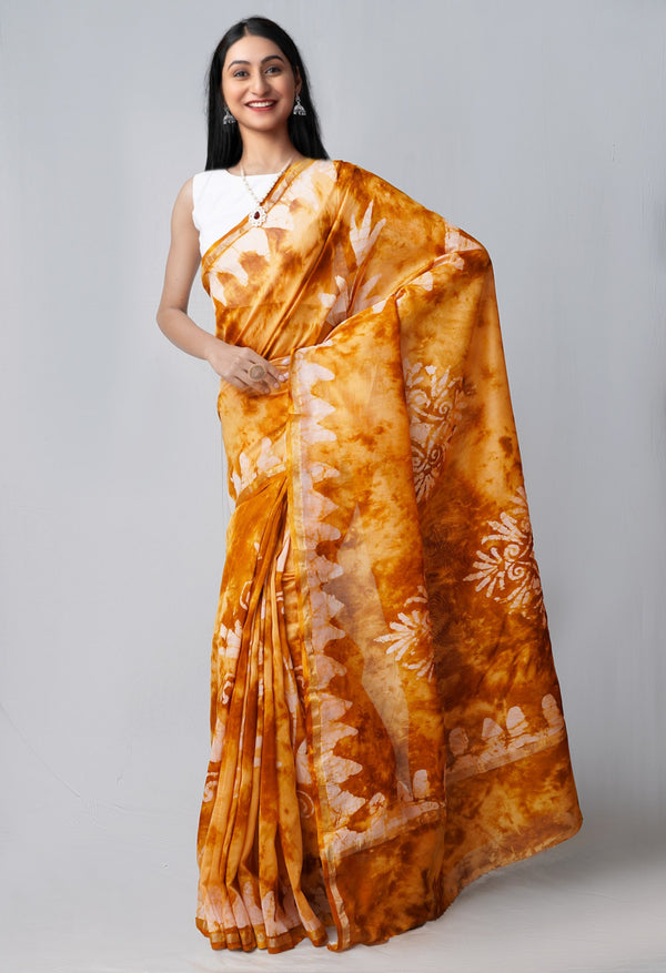 Online Shopping for Rust Orange Pure Fusion Batik Chanderi Sico Saree with Fancy/Ethnic Prints from Rajasthan at Unnatisilks.com India
