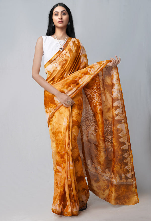 Online Shopping for Rust Orange Pure Fusion Batik Chanderi Sico Saree with Fancy/Ethnic Prints from Rajasthan at Unnatisilks.com India
