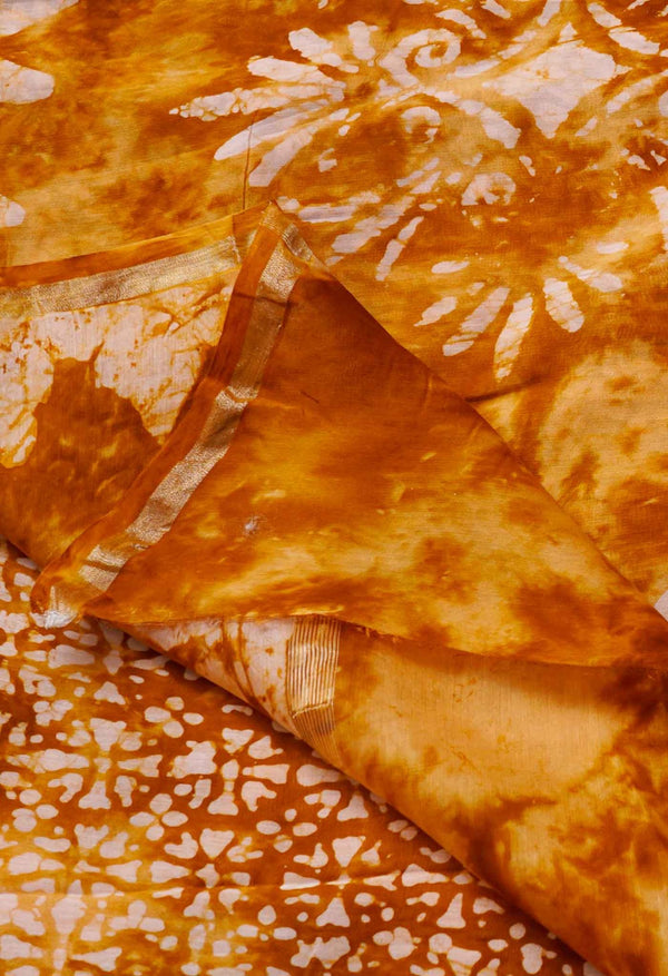 Rust Orange Pure Fusion Batik Chanderi Sico Saree-UNM62707