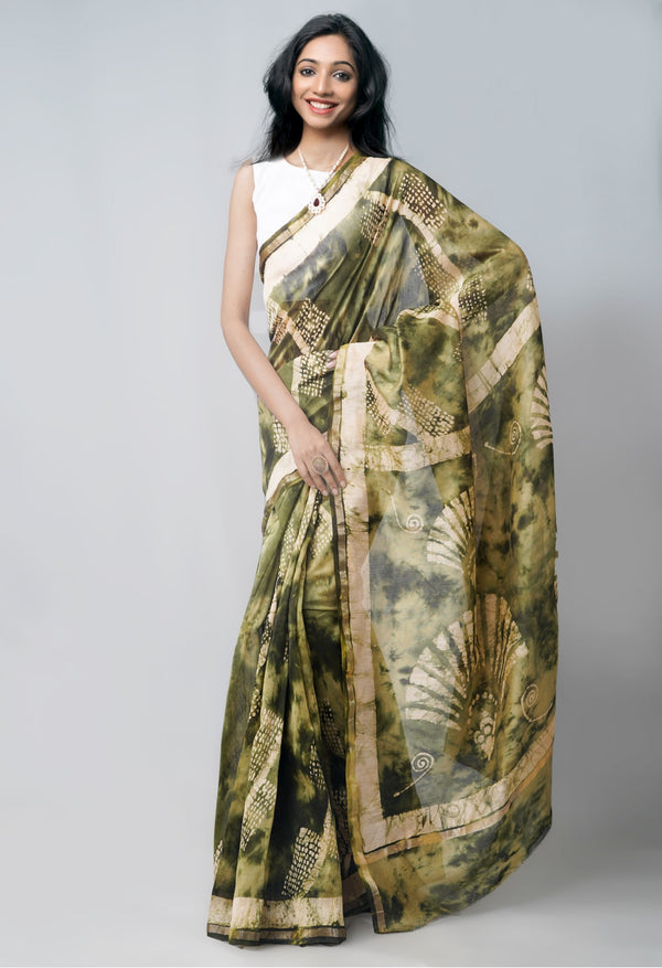 Online Shopping for Green Pure Fusion Batik Chanderi Sico Saree with Fancy/Ethnic Prints from Rajasthan at Unnatisilks.com India
