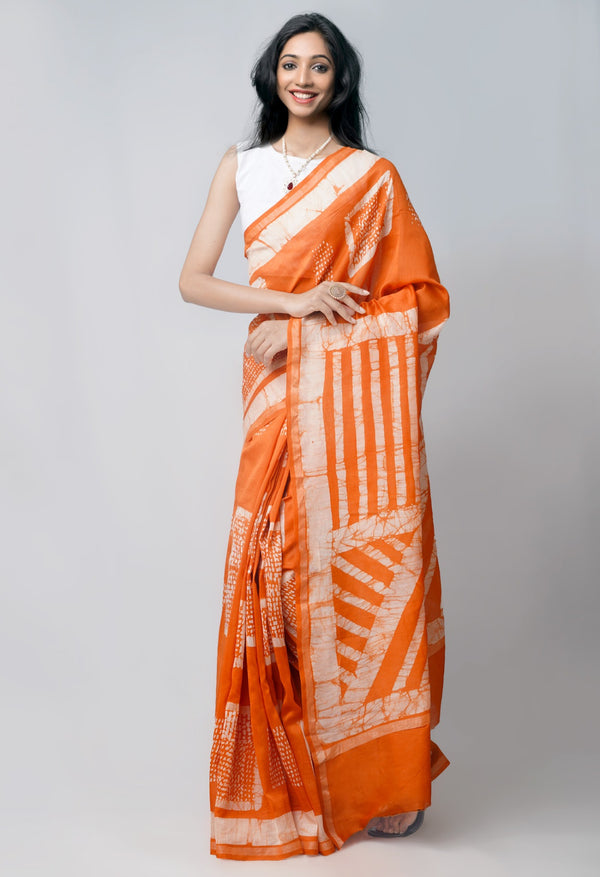 Online Shopping for Orange Pure Fusion Batik Chanderi Sico Saree with Fancy/Ethnic Prints from Rajasthan at Unnatisilks.com India
