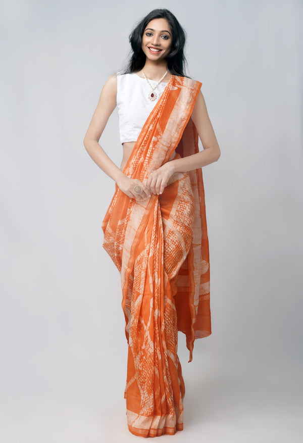 Online Shopping for Orange Pure Fusion Batik Chanderi Sico Saree with Fancy/Ethnic Prints from Rajasthan at Unnatisilks.com India
