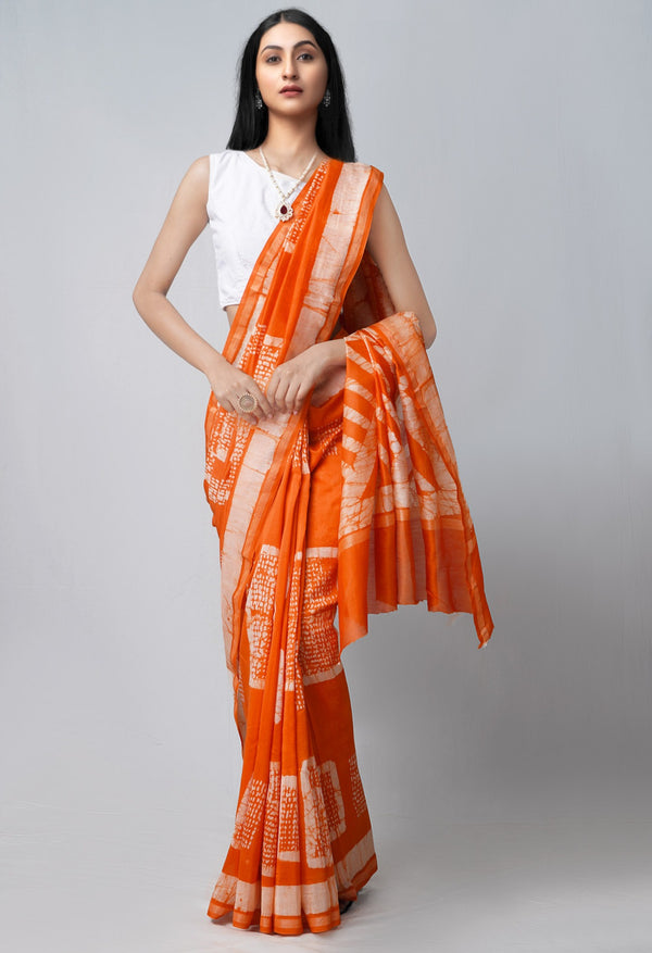 Online Shopping for Orange Pure Fusion Batik Chanderi Sico Saree with Fancy/Ethnic Prints from Rajasthan at Unnatisilks.com India
