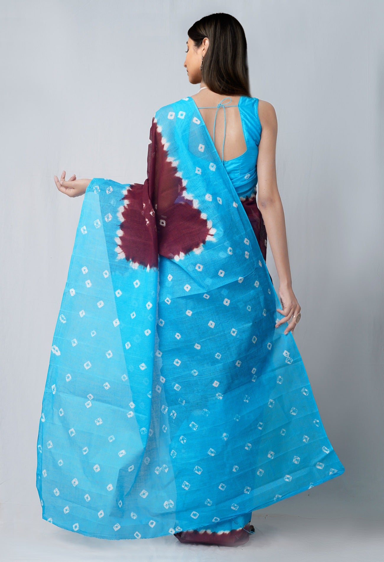 Online Shopping for Brown-Blue Pure Bandhani Kota Cotton Saree with Bandhani from Rajasthan at Unnatisilks.com India
