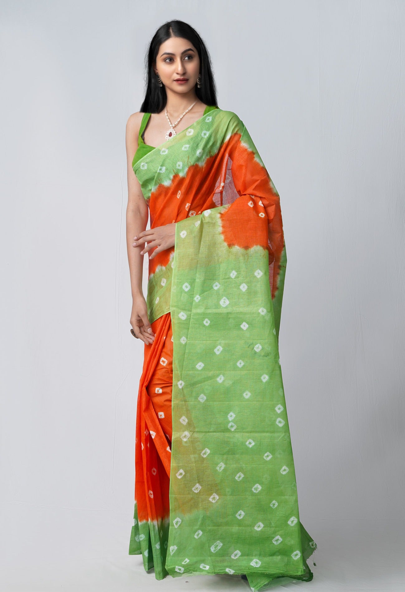Online Shopping for Orange-Green Pure Bandhani Kota Cotton Saree with Bandhani from Rajasthan at Unnatisilks.com India
