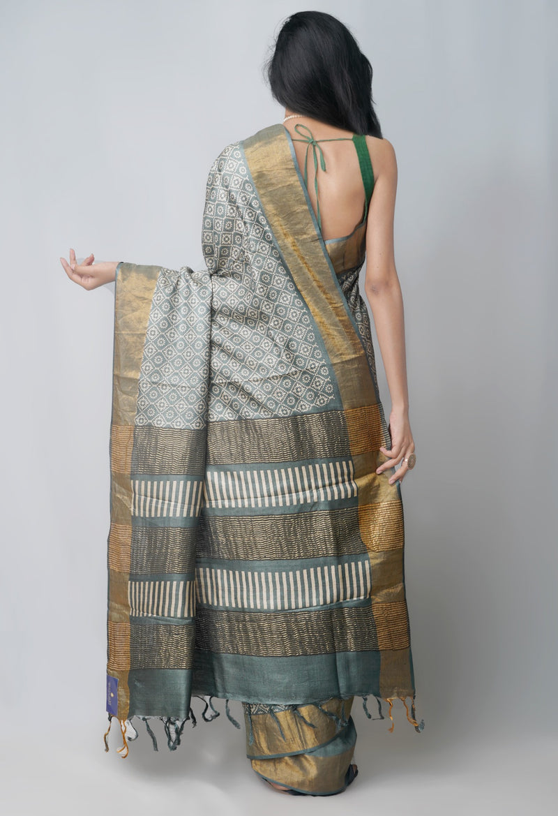 Online Shopping for Grey Pure Handloom Bengal Tussar Silk Saree with Hand Block Prints from West Bengal at Unnatisilks.com India
