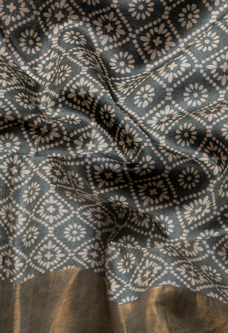 Online Shopping for Grey Pure Handloom Bengal Tussar Silk Saree with Hand Block Prints from West Bengal at Unnatisilks.com India
