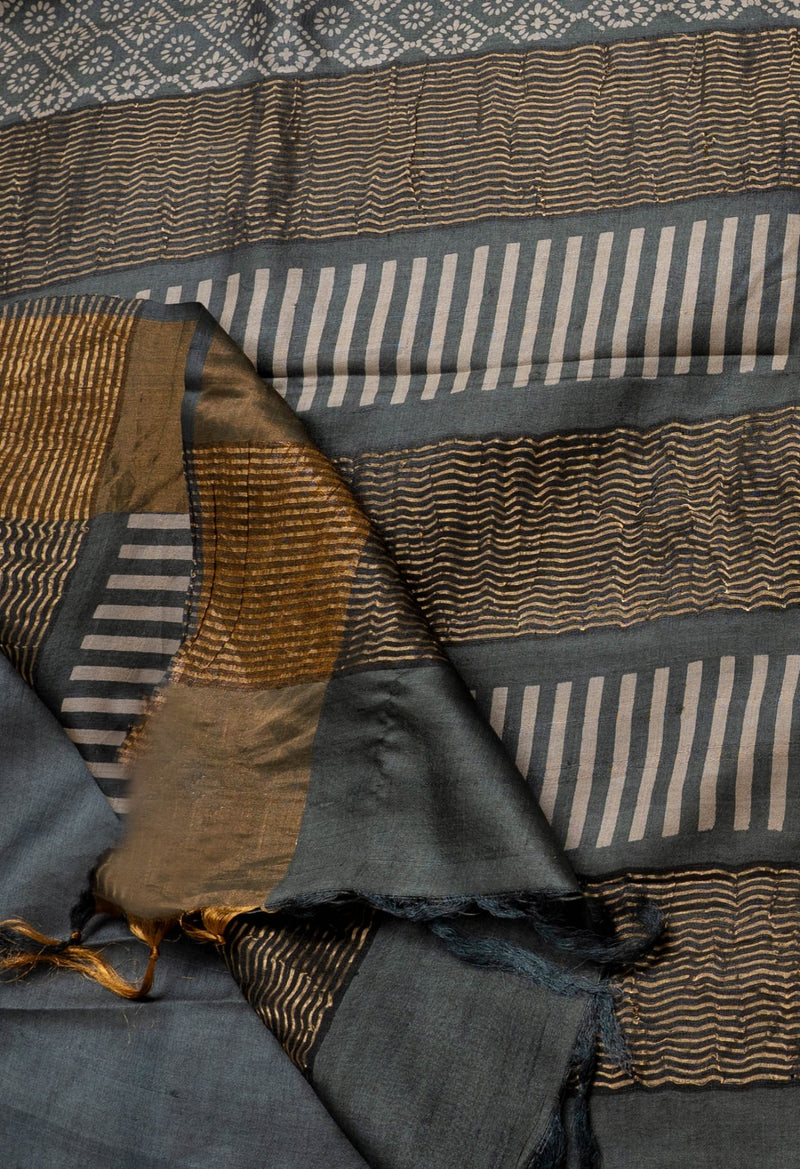 Grey Pure Handloom Bengal Tussar Silk Saree