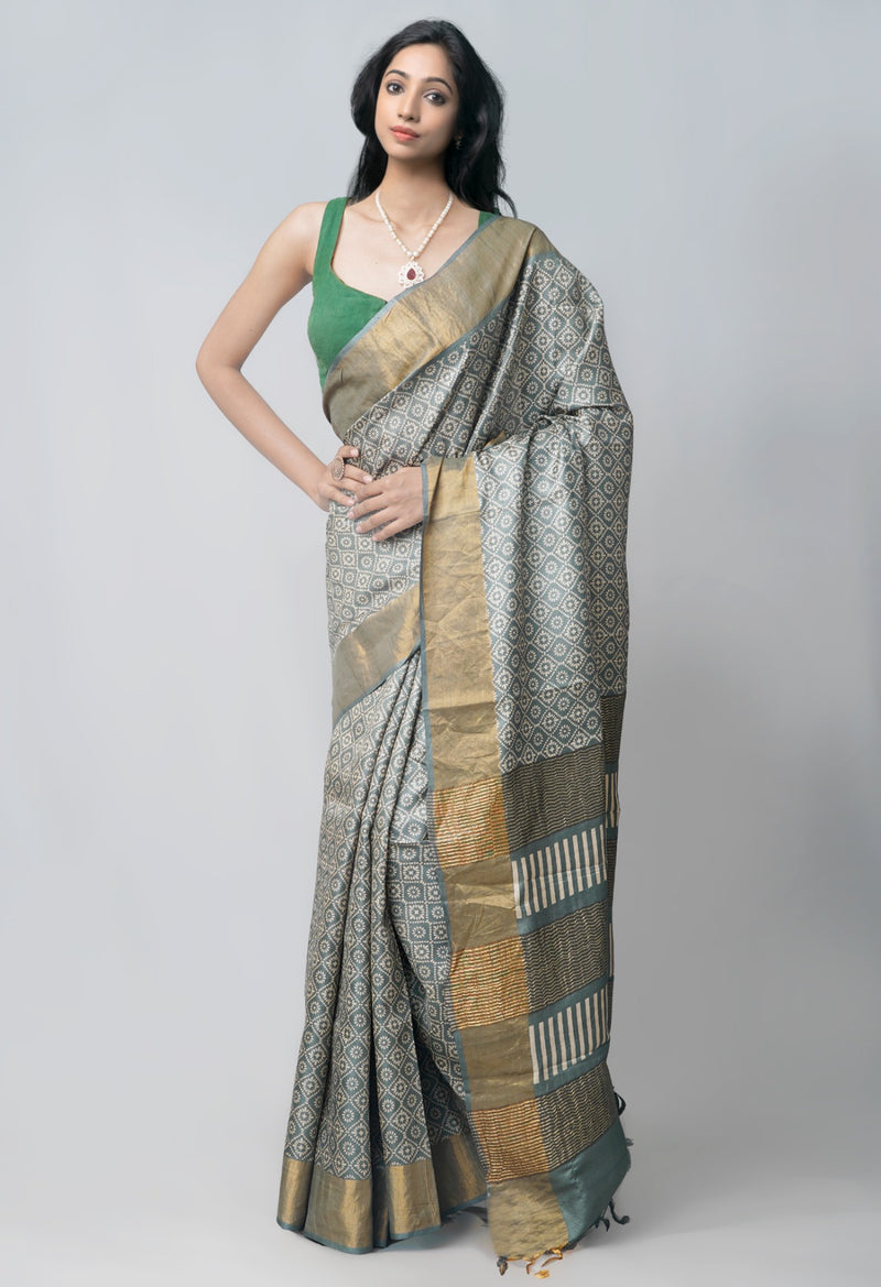 Online Shopping for Grey Pure Handloom Bengal Tussar Silk Saree with Hand Block Prints from West Bengal at Unnatisilks.com India
