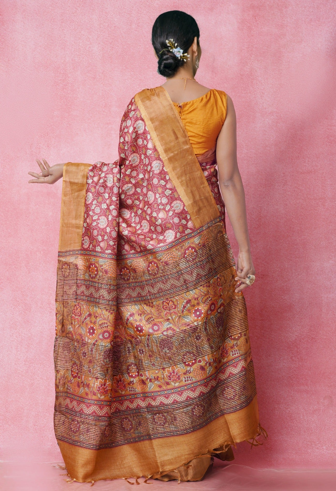 Online Shopping for Maroon Pure Handloom Bengal Tussar Silk Saree with Hand Block Prints from West Bengal at Unnatisilks.com India
