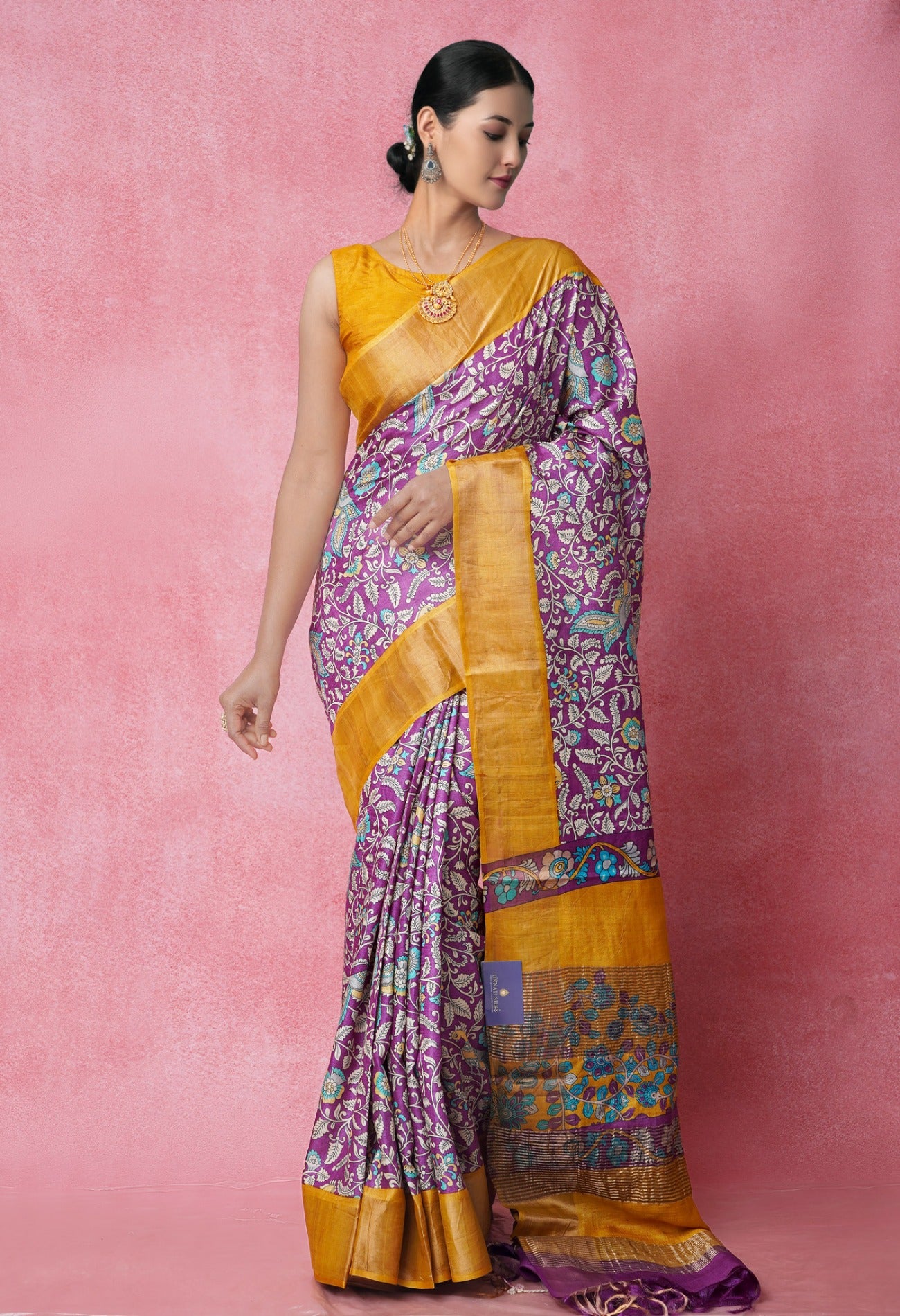 Online Shopping for Purple Pure Handloom Bengal Tussar Silk Saree with Hand Block Prints from West Bengal at Unnatisilks.com India
