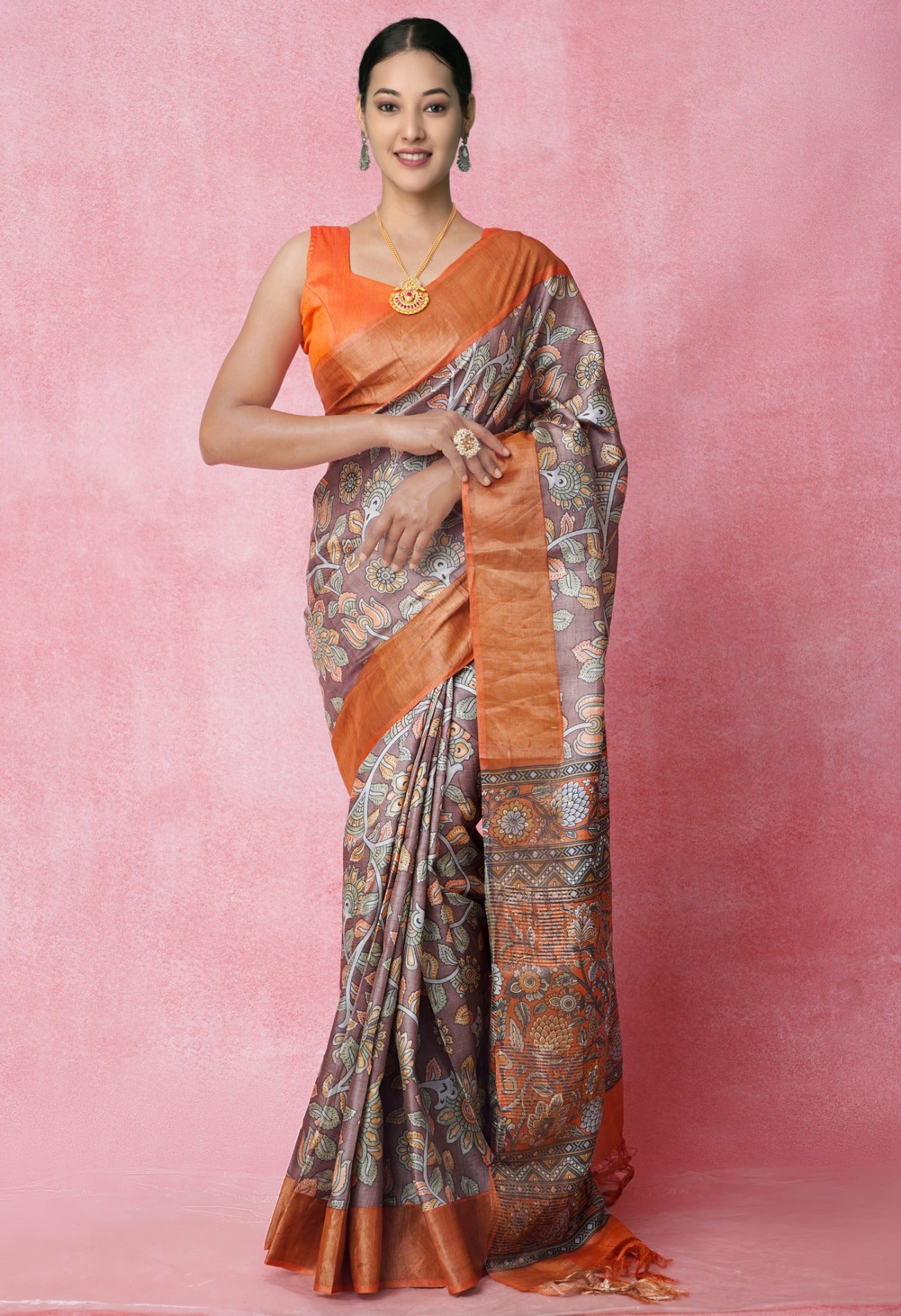 Online Shopping for Grey Pure Handloom Bengal Tussar Silk Saree with Hand Block Prints from West Bengal at Unnatisilks.com India
