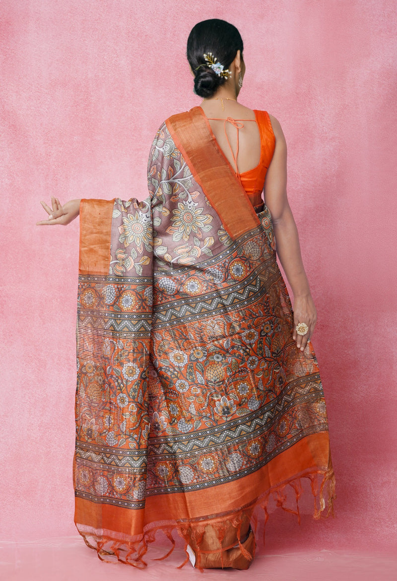 Online Shopping for Grey Pure Handloom Bengal Tussar Silk Saree with Hand Block Prints from West Bengal at Unnatisilks.com India
