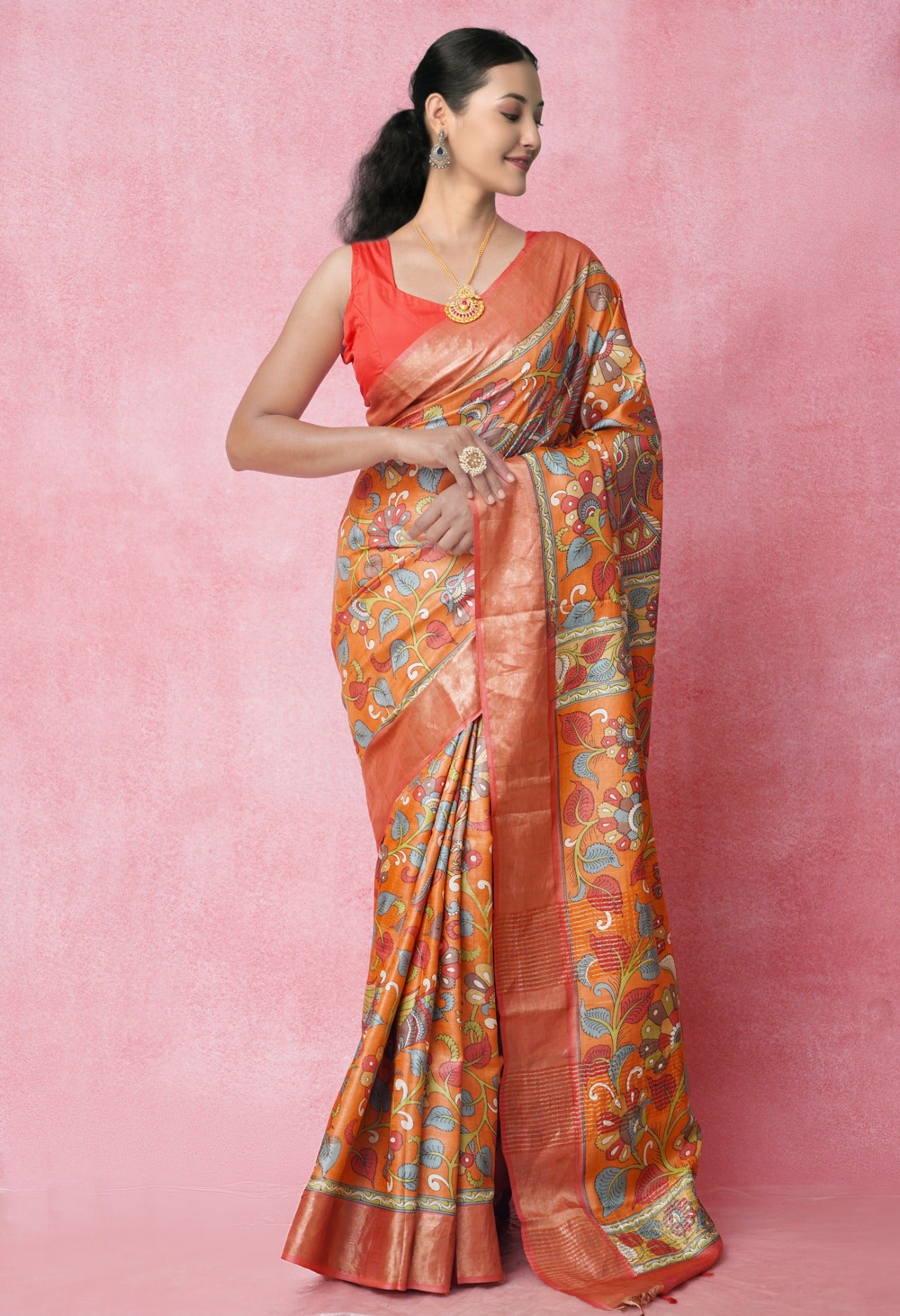 Online Shopping for Orange Pure Handloom Bengal Tussar Silk Saree with Hand Block Prints from West Bengal at Unnatisilks.com India

