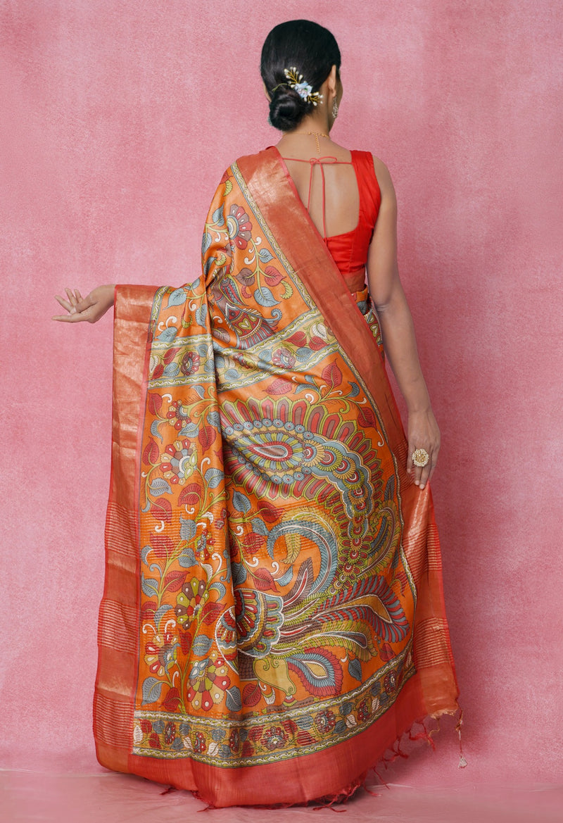 Online Shopping for Orange Pure Handloom Bengal Tussar Silk Saree with Hand Block Prints from West Bengal at Unnatisilks.com India
