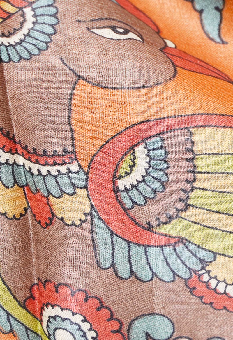 Online Shopping for Orange Pure Handloom Bengal Tussar Silk Saree with Hand Block Prints from West Bengal at Unnatisilks.com India
