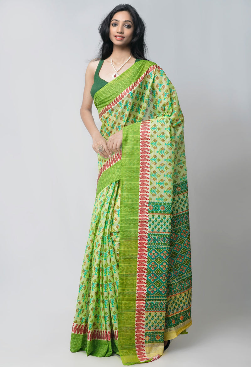 Online Shopping for Green Pure Hand Block Printed Cotton Saree with Hand Block Prints from Andhra Pradesh at Unnatisilks.com India
