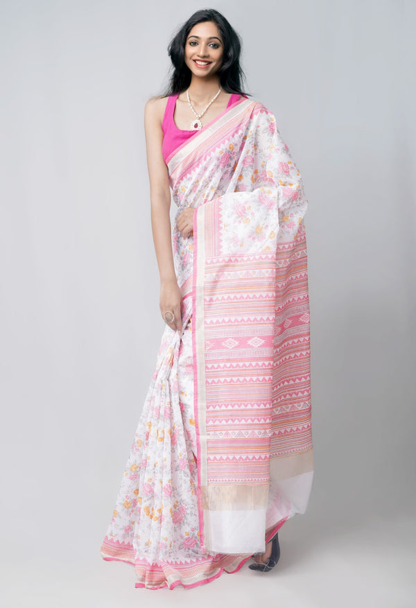 Online Shopping for Ivory-Pink  Summer Bangalore Silk  Saree with Hand Block Prints from Karnataka at Unnatisilks.com India
