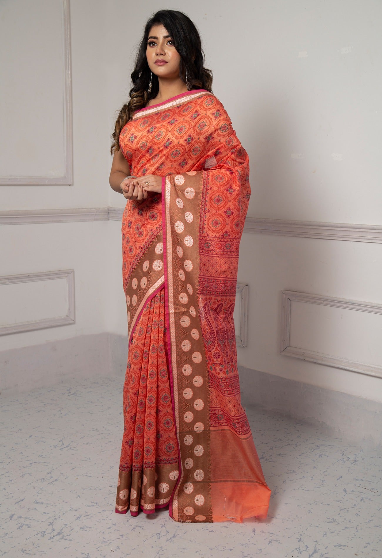 Online Shopping for Orange  Summer Bangalore Silk  Saree with Hand Block Prints from Karnataka at Unnatisilks.com India
