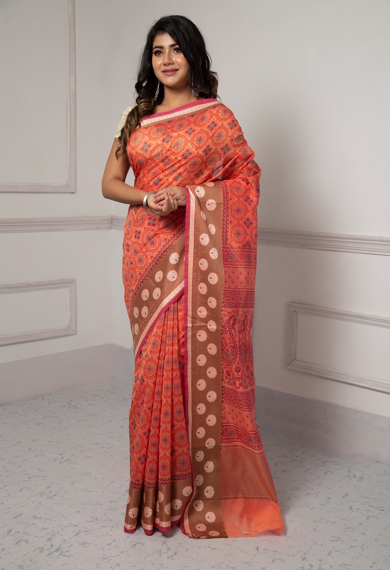 Online Shopping for Orange  Summer Bangalore Silk  Saree with Hand Block Prints from Karnataka at Unnatisilks.com India