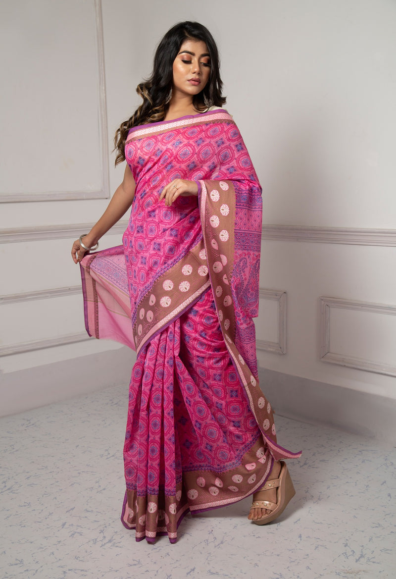Online Shopping for Pink  Summer Bangalore Sico Saree with Hand Block Prints from Karnataka at Unnatisilks.com India
