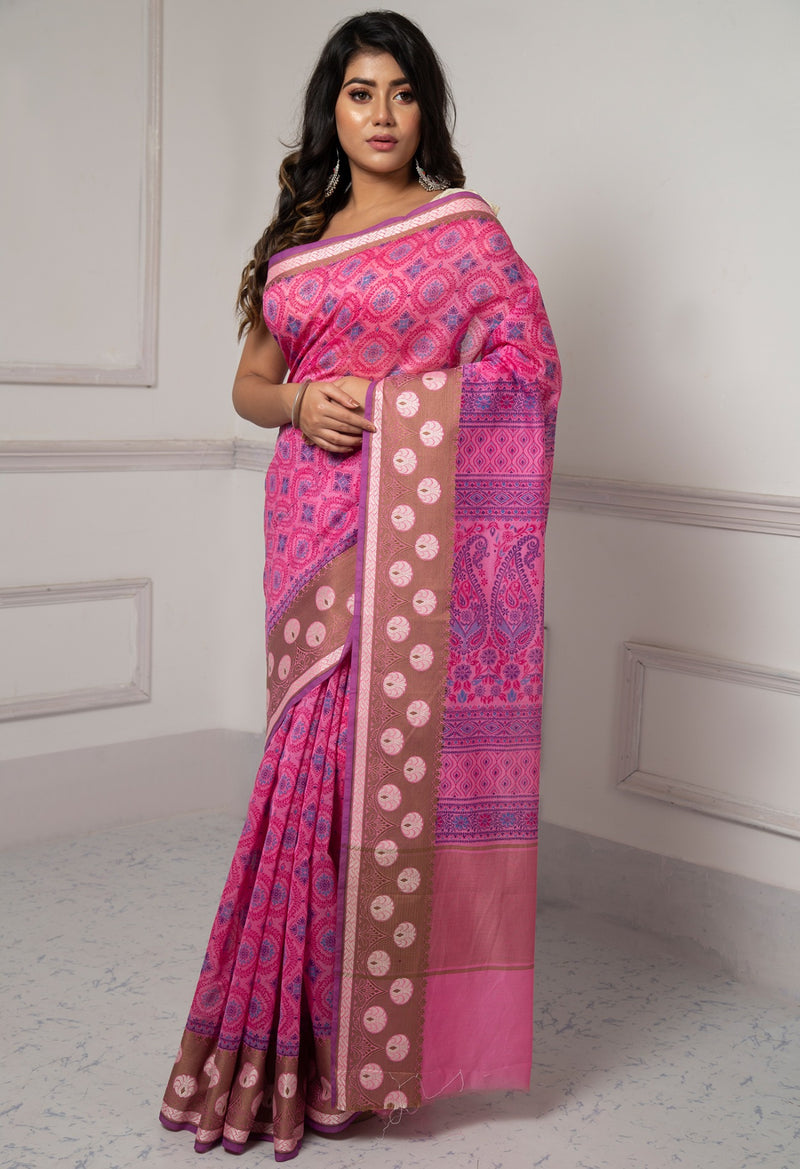 Online Shopping for Pink  Summer Bangalore Sico Saree with Hand Block Prints from Karnataka at Unnatisilks.com India
