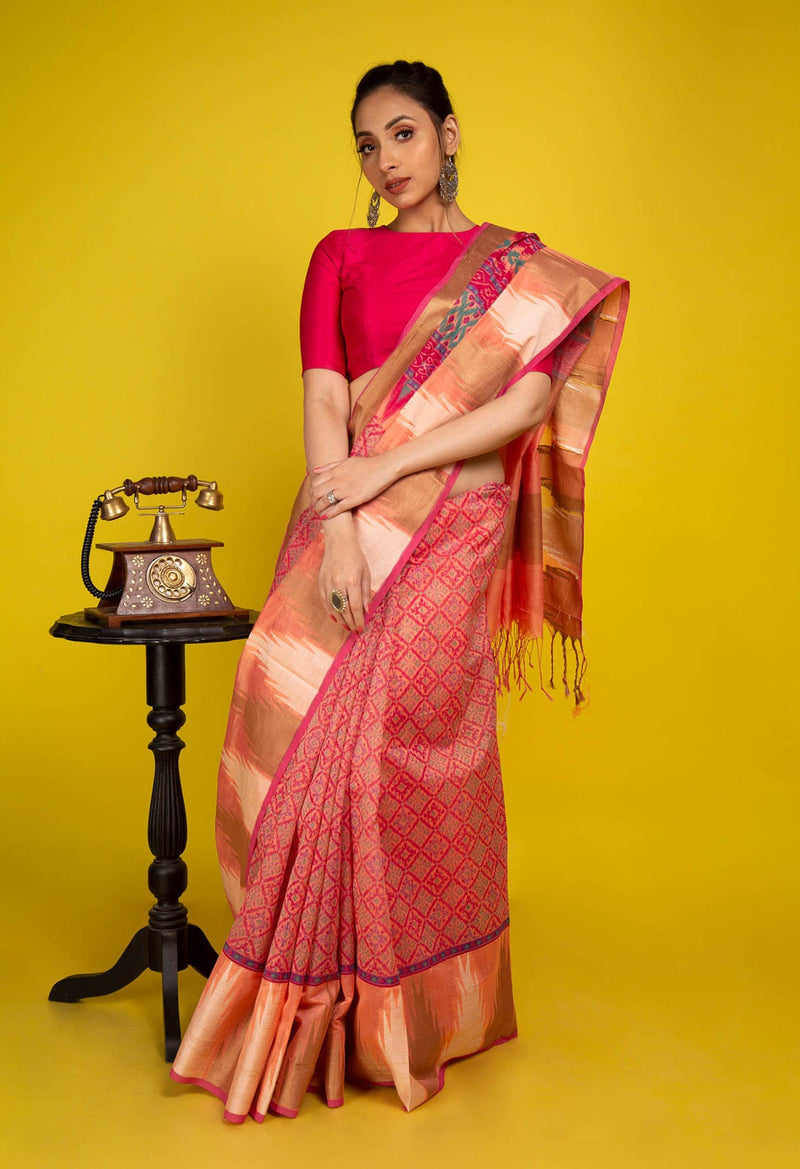 Online Shopping for Orange-Pink  Summer Bangalore Sico Saree with Hand Block Prints from Karnataka at Unnatisilks.com India
