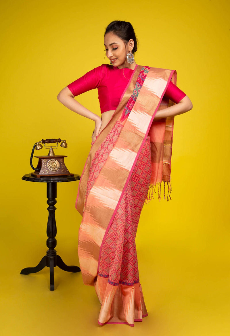 Online Shopping for Orange-Pink  Summer Bangalore Sico Saree with Hand Block Prints from Karnataka at Unnatisilks.com India

