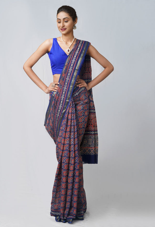 Online Shopping for Navy Blue Pure Ajrakh Mulmul  Cotton Saree with Ajrakh from Rajasthan at Unnatisilks.com India
