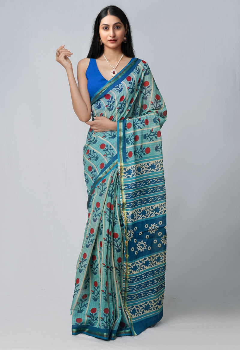 Blue Pure Ajrakh Mulmul  Cotton Saree-UNM62801