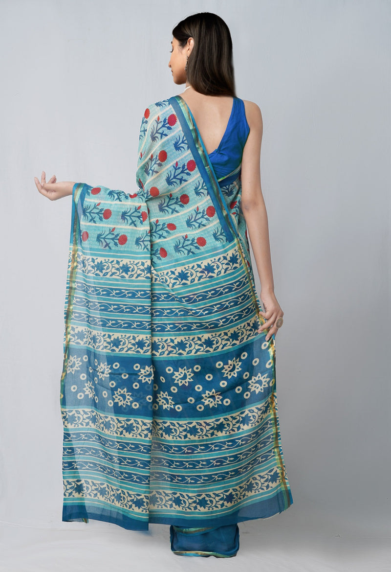 Online Shopping for Blue Pure Ajrakh Mulmul  Cotton Saree with Ajrakh from Rajasthan at Unnatisilks.com India
