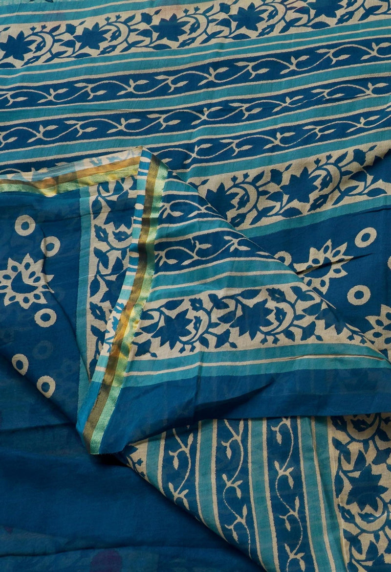 Blue Pure Ajrakh Mulmul  Cotton Saree-UNM62801