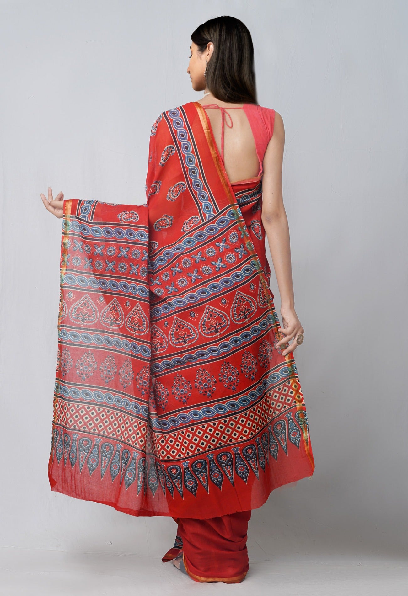 Online Shopping for Red Pure Ajrakh Mulmul  Cotton Saree with Ajrakh from Rajasthan at Unnatisilks.com India
