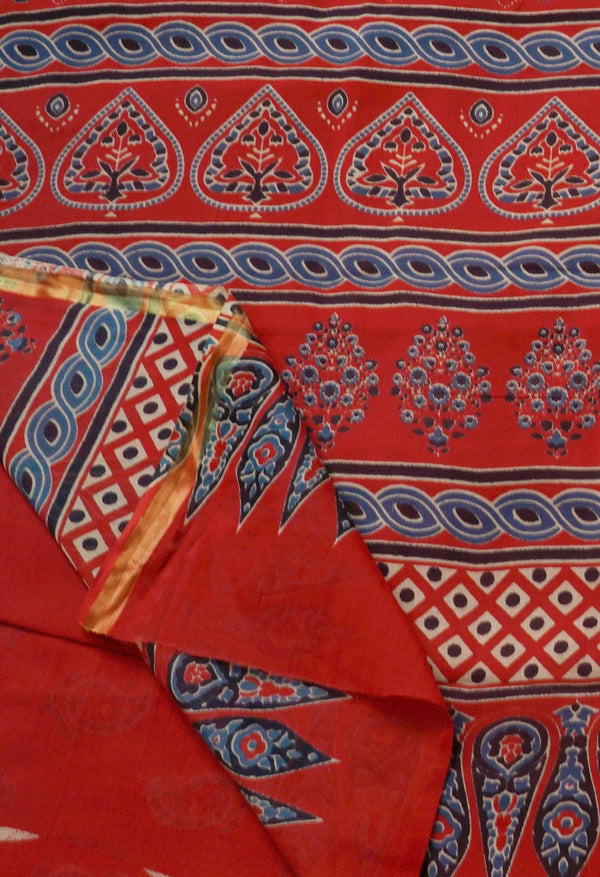Red Pure Ajrakh Mulmul  Cotton Saree-UNM62806