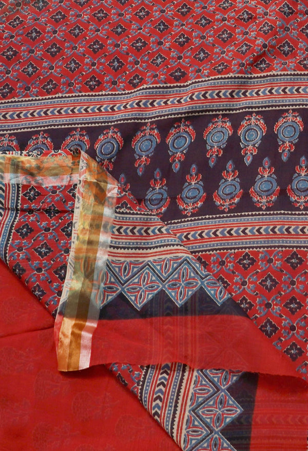 Red Pure Ajrakh Mulmul  Cotton Saree-UNM62807