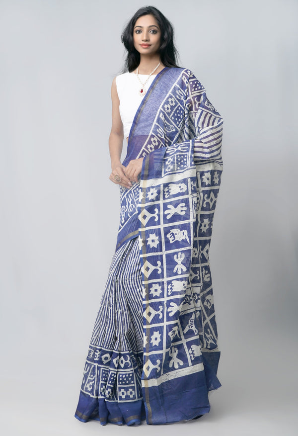 Online Shopping for Navy Blue Pure Chanderi Sico Saree with Batik from Madhya Pradesh at Unnatisilks.com India
