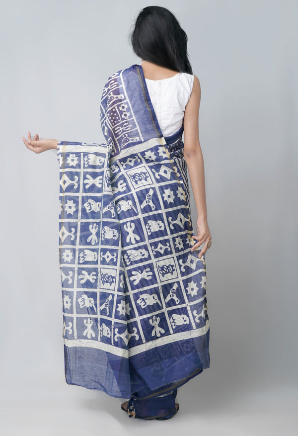 Online Shopping for Navy Blue Pure Chanderi Sico Saree with Batik from Madhya Pradesh at Unnatisilks.com India
