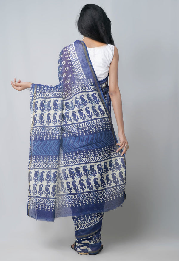 Online Shopping for Navy Blue Pure Chanderi Sico Saree with Batik from Madhya Pradesh at Unnatisilks.com India
