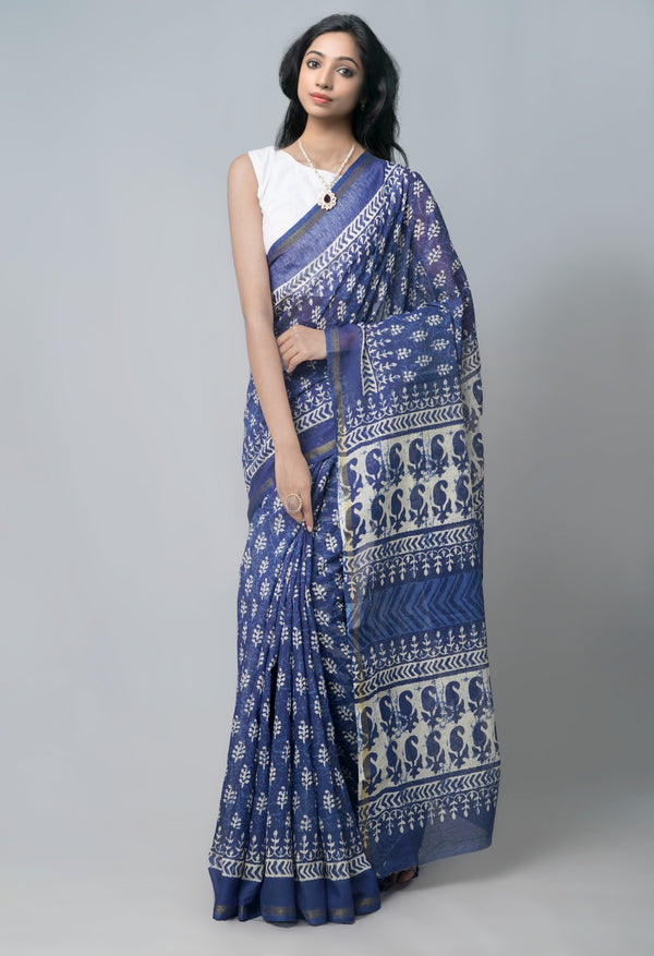 Online Shopping for Navy Blue Pure Chanderi Sico Saree with Batik from Madhya Pradesh at Unnatisilks.com India
