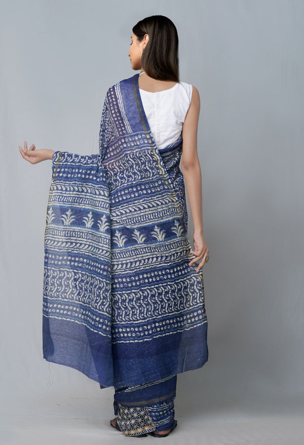 Online Shopping for Navy Blue Pure Chanderi Sico Saree with Batik from Madhya Pradesh at Unnatisilks.com India
