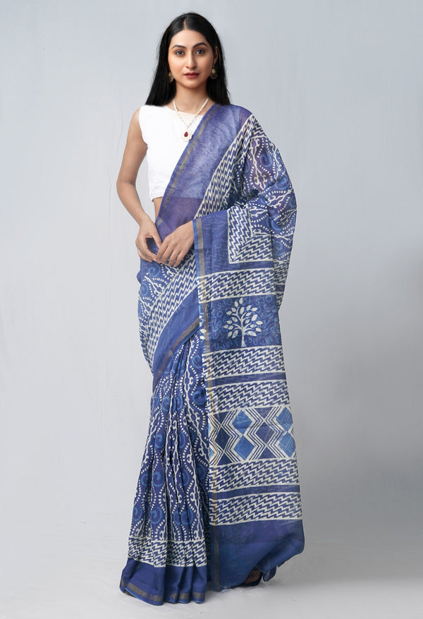 Online Shopping for Navy Blue Pure Chanderi Sico Saree with Batik from Madhya Pradesh at Unnatisilks.com India
