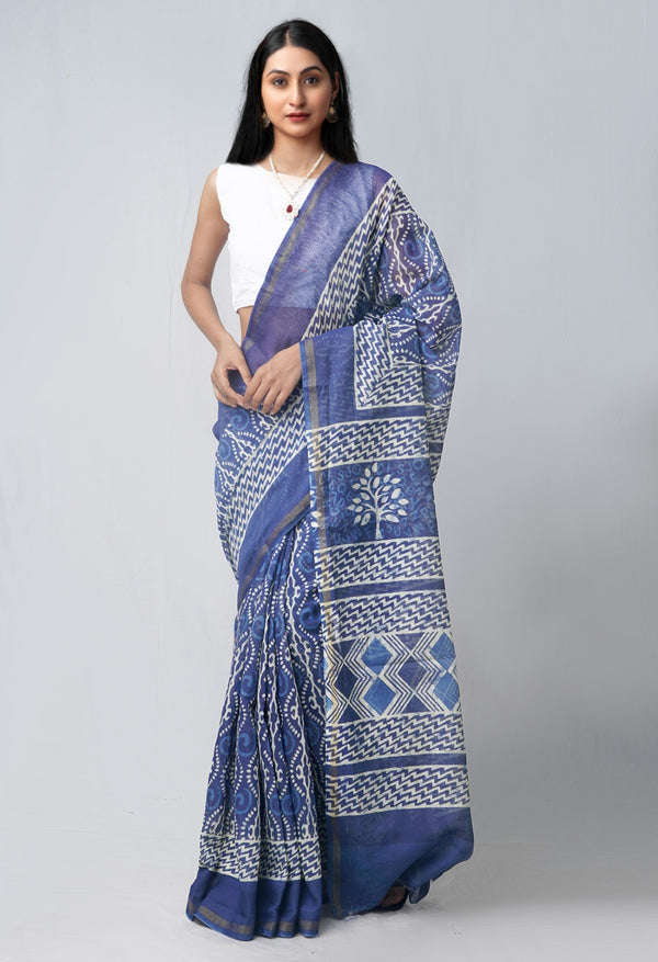 Online Shopping for Navy Blue Pure Chanderi Sico Saree with Batik from Madhya Pradesh at Unnatisilks.com India
