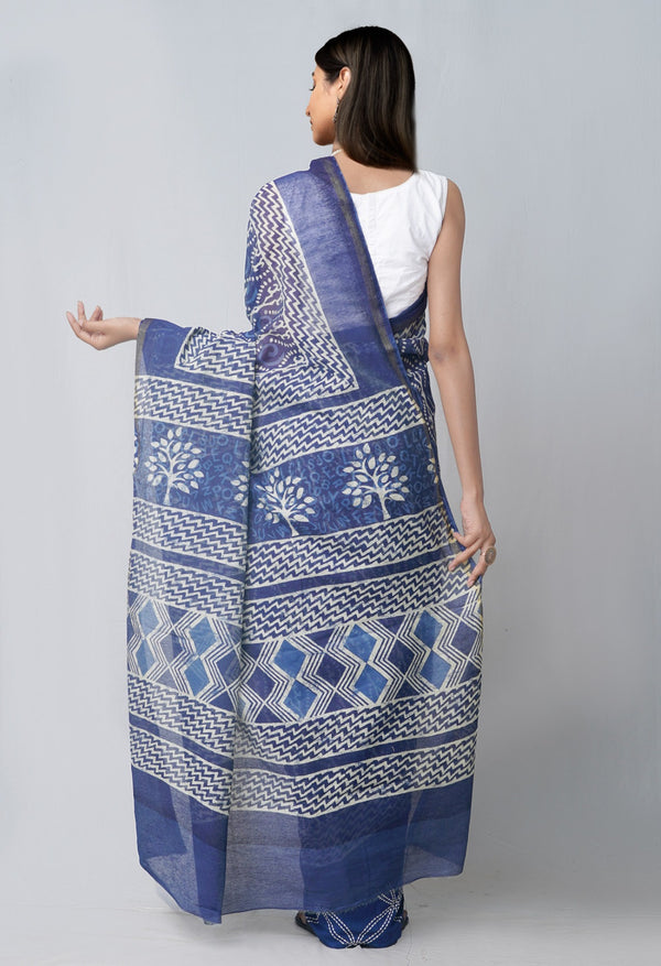 Online Shopping for Navy Blue Pure Chanderi Sico Saree with Batik from Madhya Pradesh at Unnatisilks.com India
