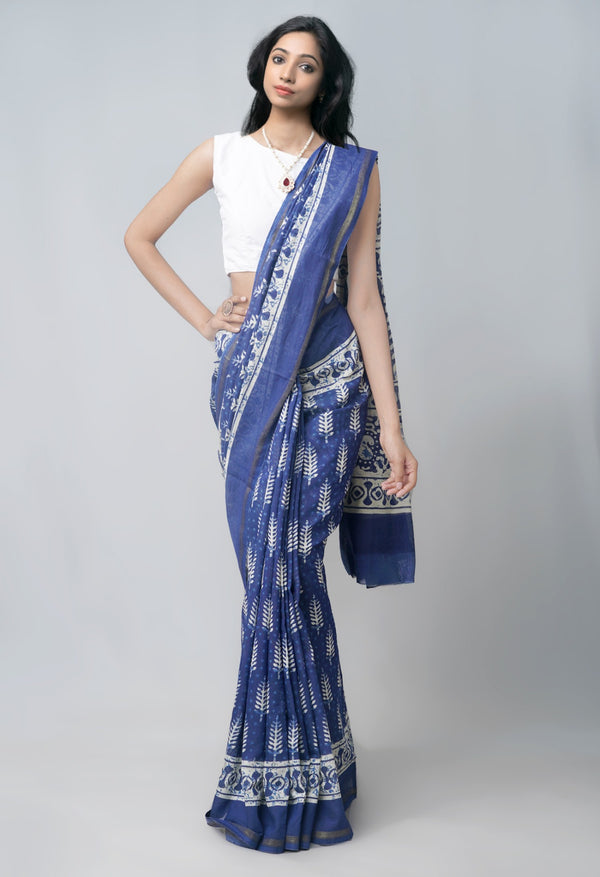 Online Shopping for Navy Blue Pure Chanderi Sico Saree with Batik from Madhya Pradesh at Unnatisilks.com India
