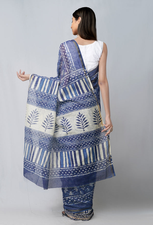 Online Shopping for Navy Blue Pure Chanderi Sico Saree with Batik from Madhya Pradesh at Unnatisilks.com India
