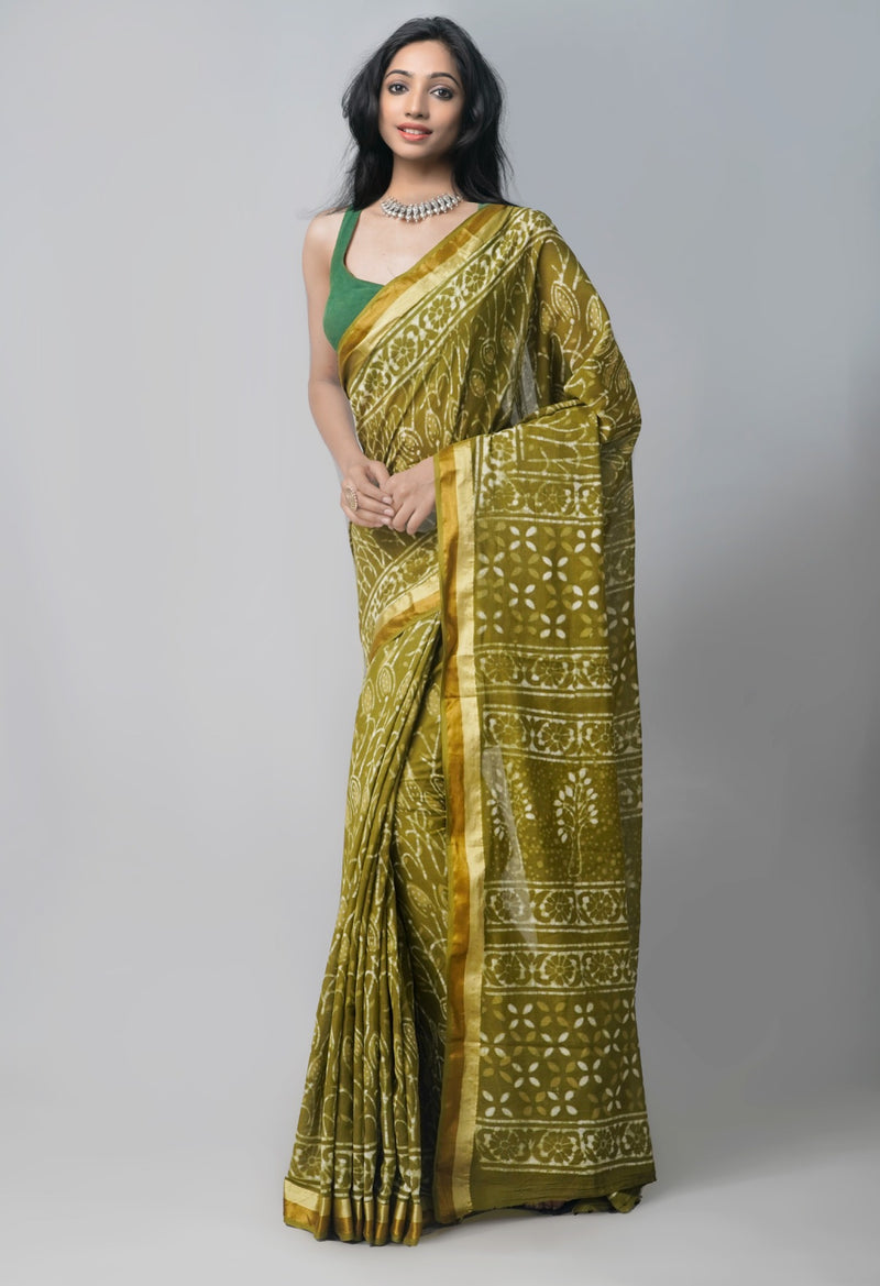 Green Pure Preet Dabu Mulmul  Cotton Saree