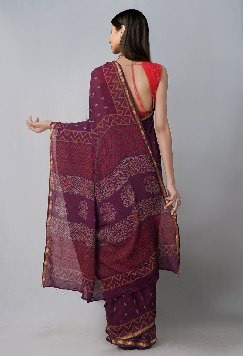 Online Shopping for Maroon  Napthol Printed Cotton Saree with Hand Block Prints from Rajasthan at Unnatisilks.com India
