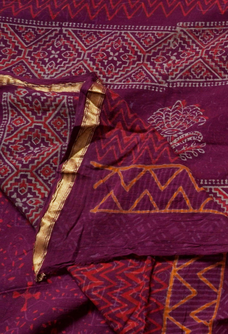 Maroon  Napthol Printed Cotton Saree